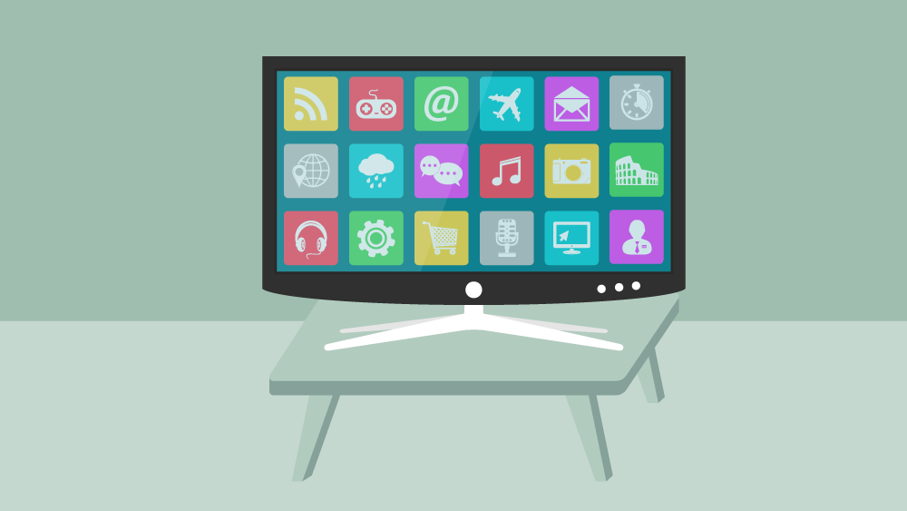 Illustration of a smart TV on a stand with apps displayed on the home screen