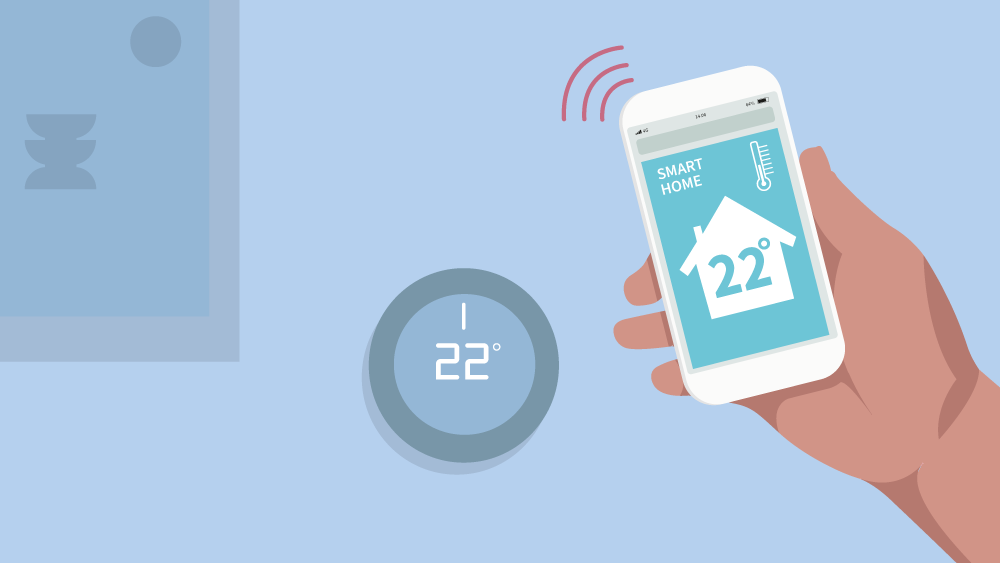 Illustration of a digital thermostat mounted on wall and a smart phone with app to control it displaying the current temperature