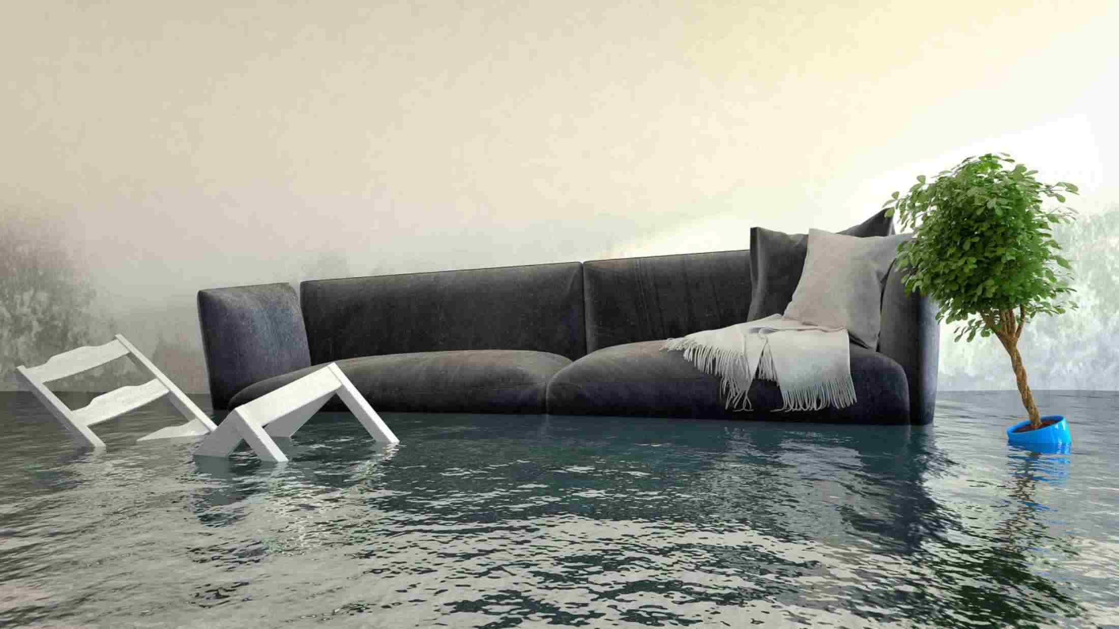 Water damage after flooding in house with furniture floating