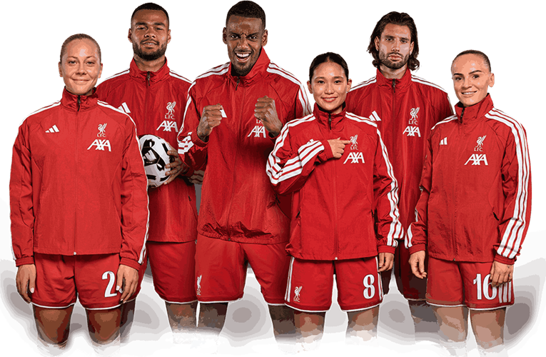 Liverpool FC mens and womens players wearing AXA branded anthem jackets ahead of the 2026-27 season