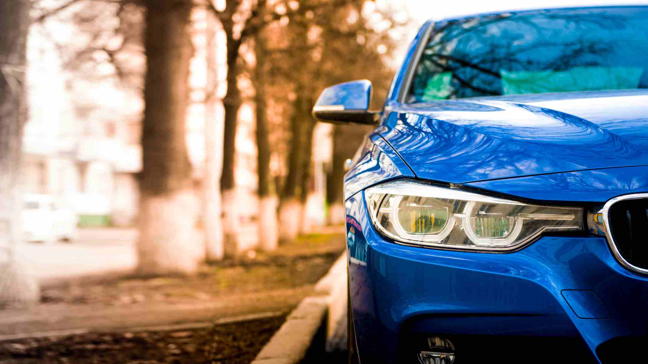 Blue car by side of a road