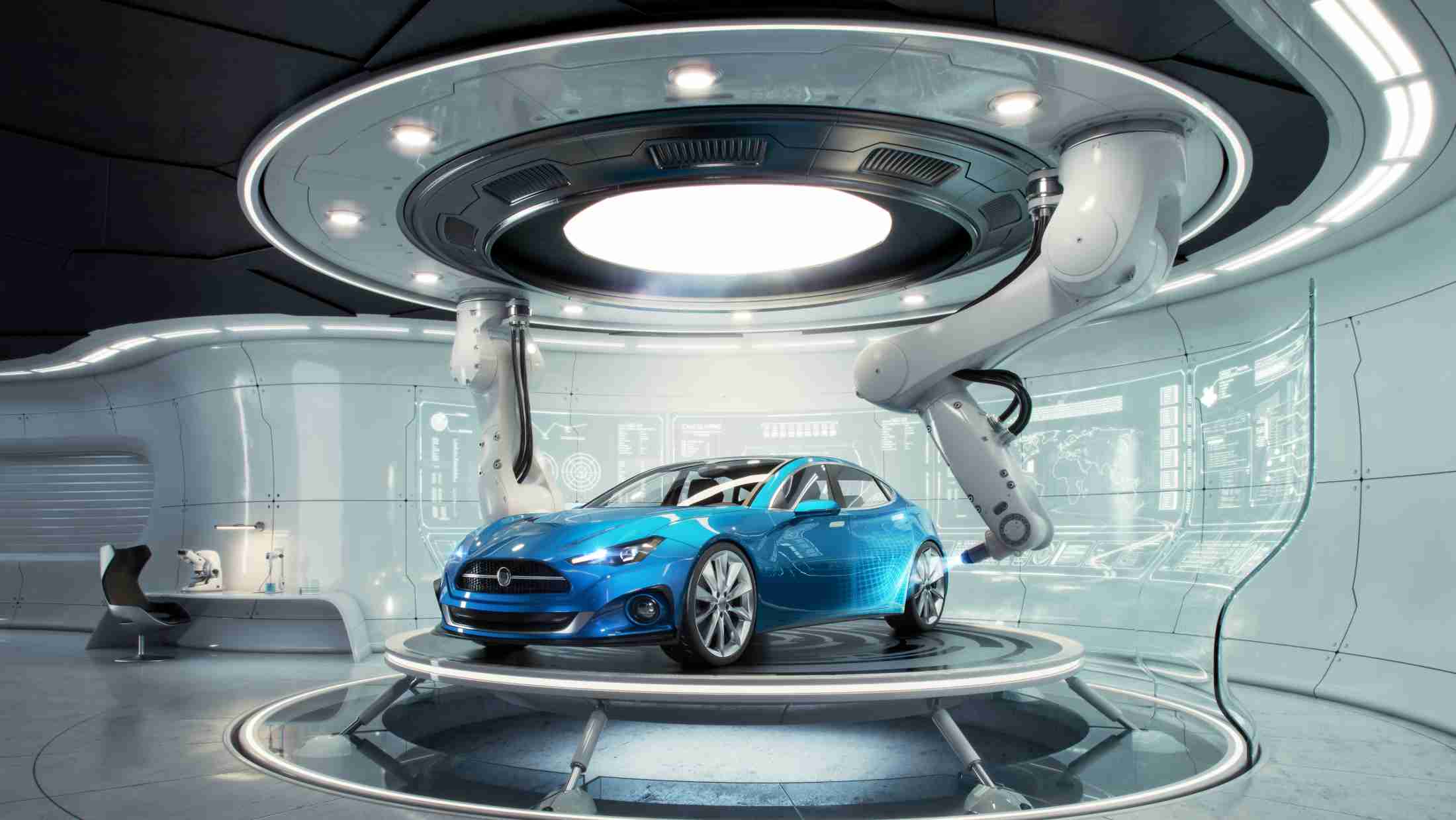 A car in a future lab with 2 mechanical arms