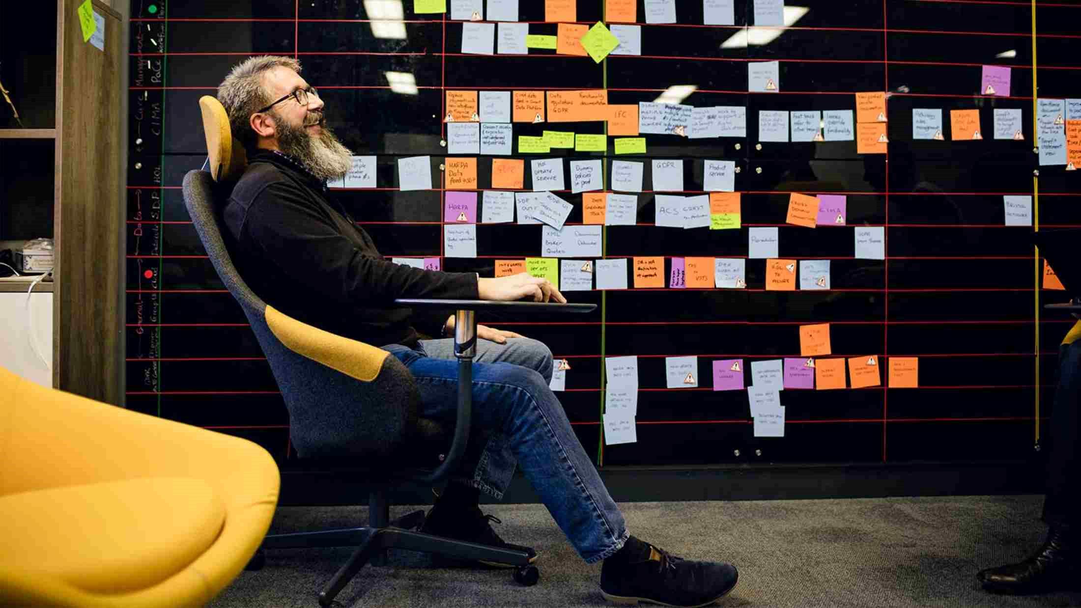 A team member sitting in front of a Kanban board