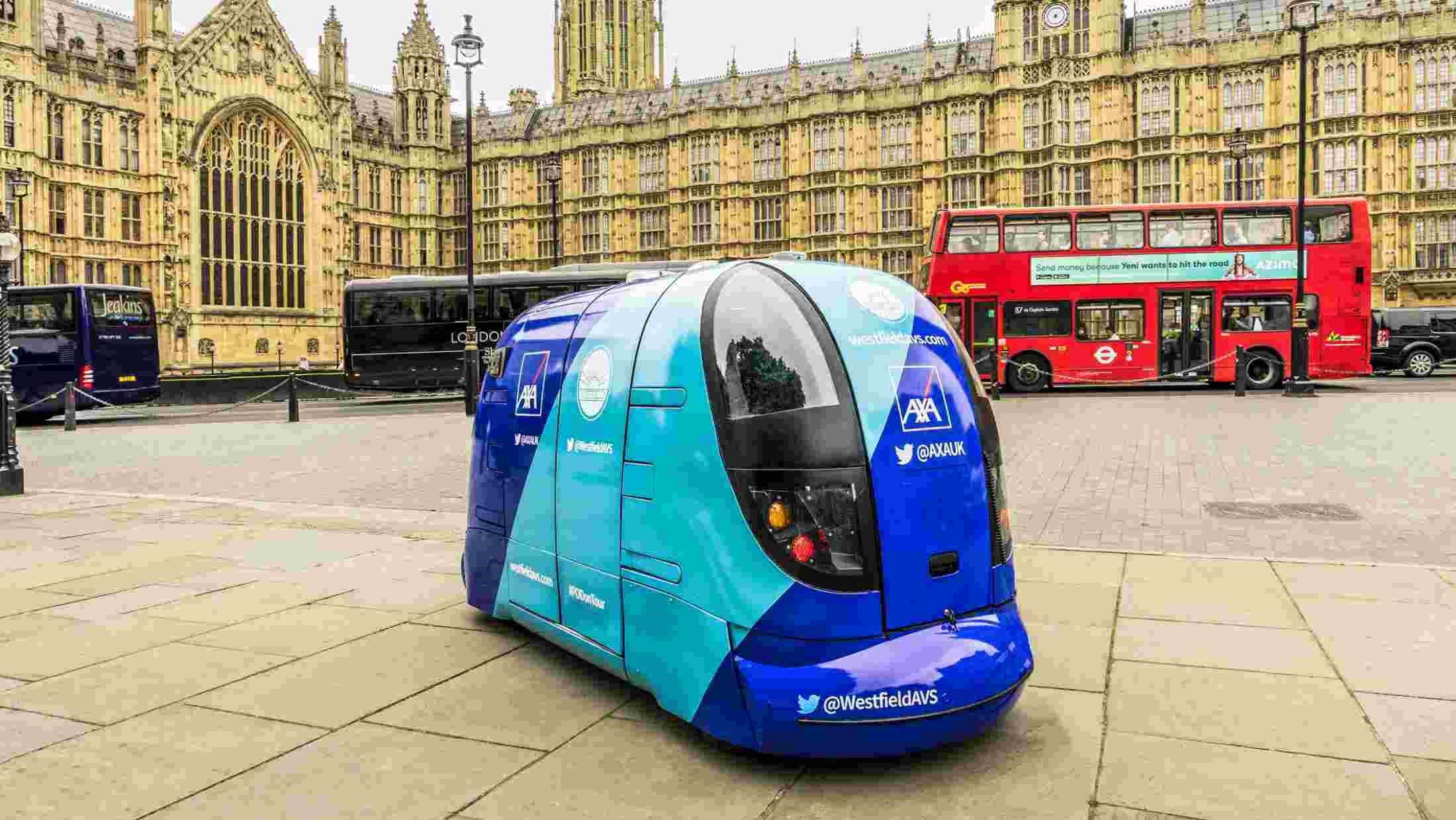 Driverless car outside Houses of Parliament