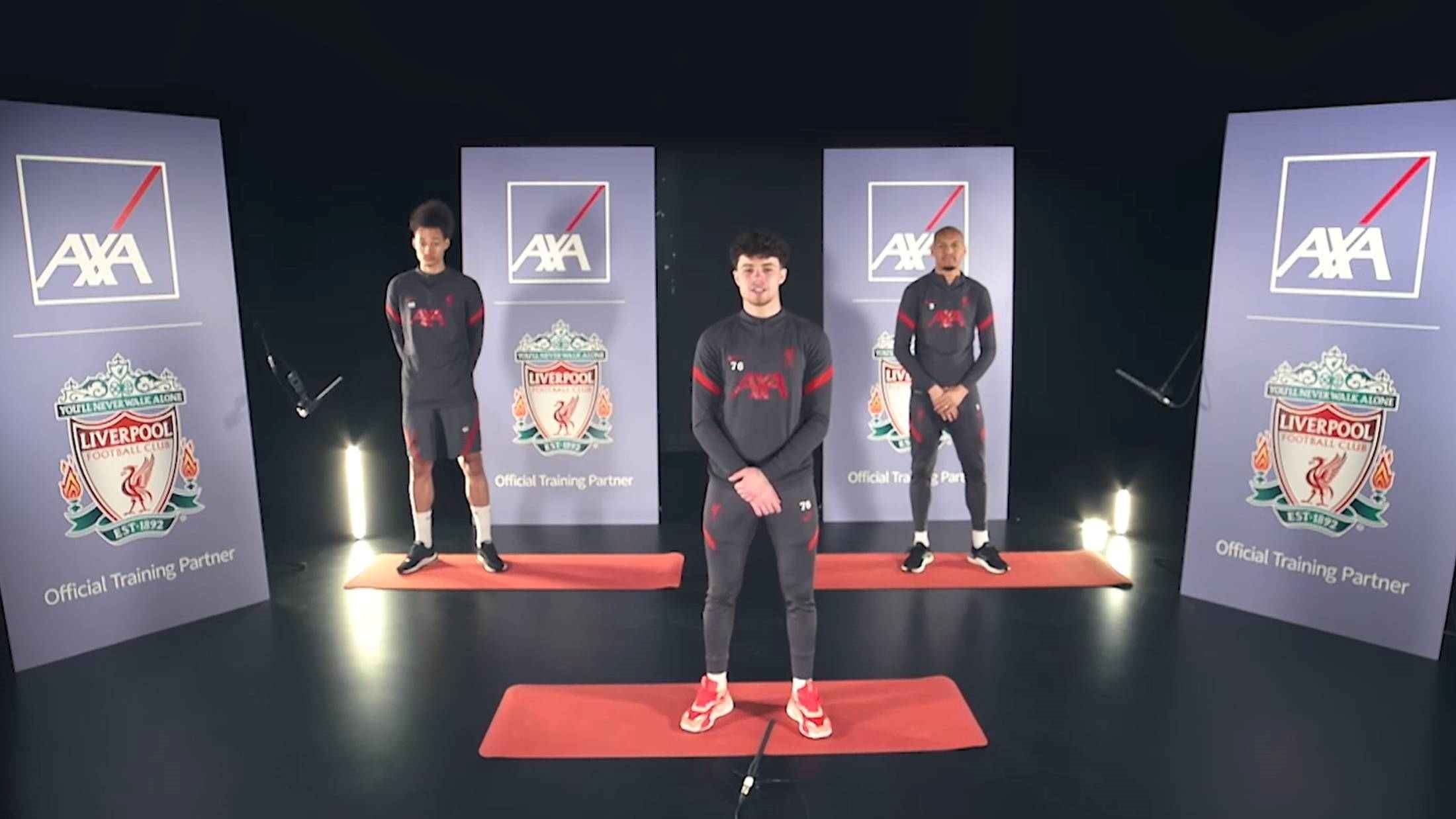 Players from Liverpool Football Club lead the LFC Challenge from studio with yoga mats on floor