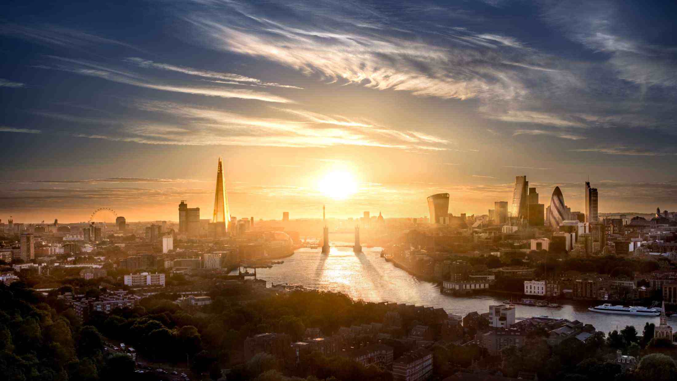 Tower Bridge and City of London along the River Thames