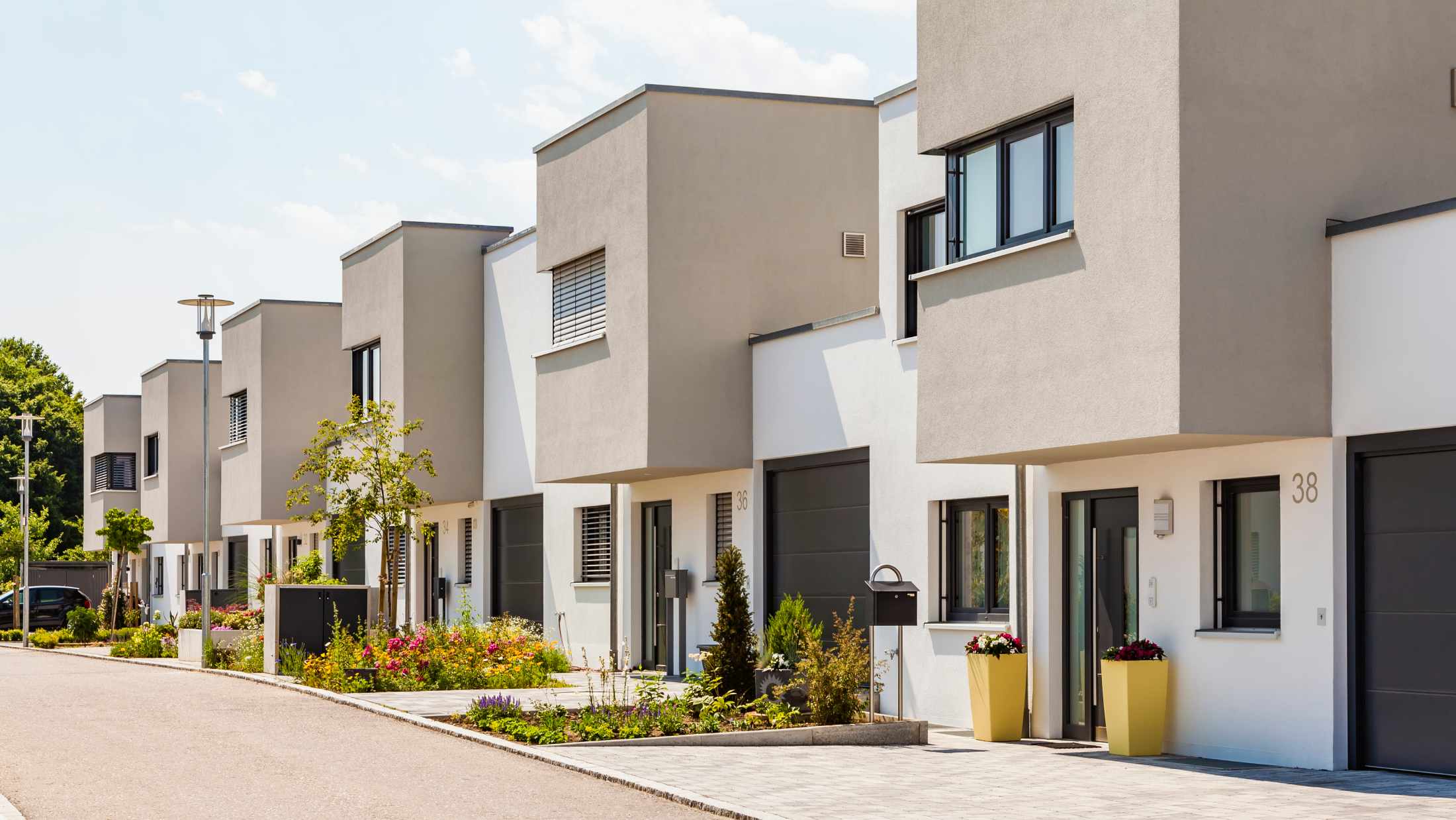 Street with modern one-family homes