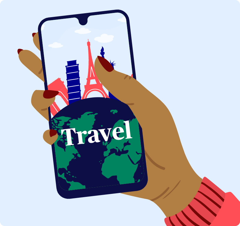 person holding a phone showing a travel website